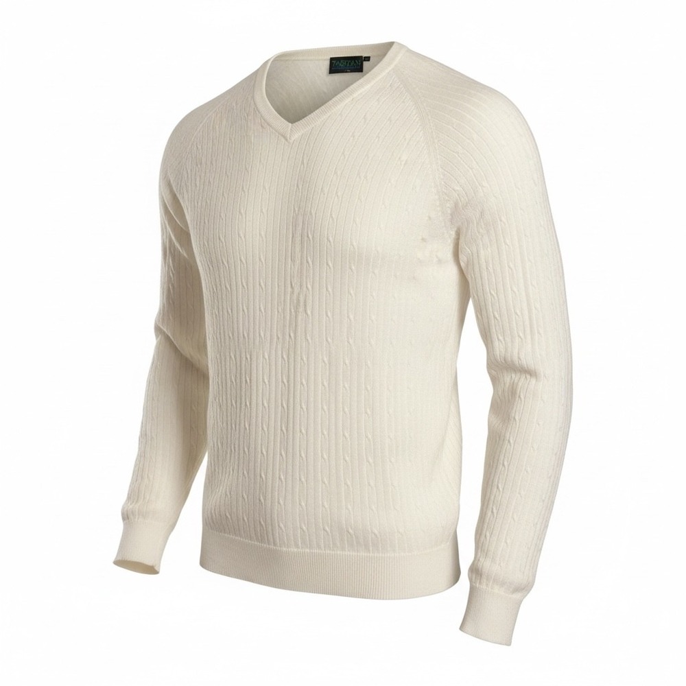 Tartan Large Mens V-Neck Cable Knit Cotton White‎ Sweater PGA Tour Store